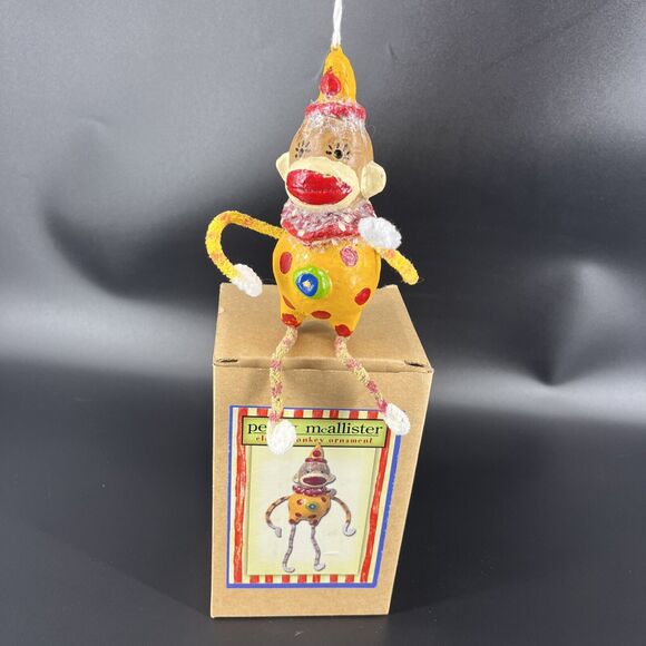 Penny McAllister Clown Sock Monkey Christmas Tree Ornament Yellow Red Polka Dots - Picture 1 of 14